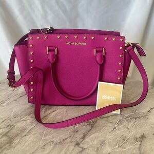 NWT Micheal Kors Medium Selma Saffino Leather Studded Satchel, Hot Pink